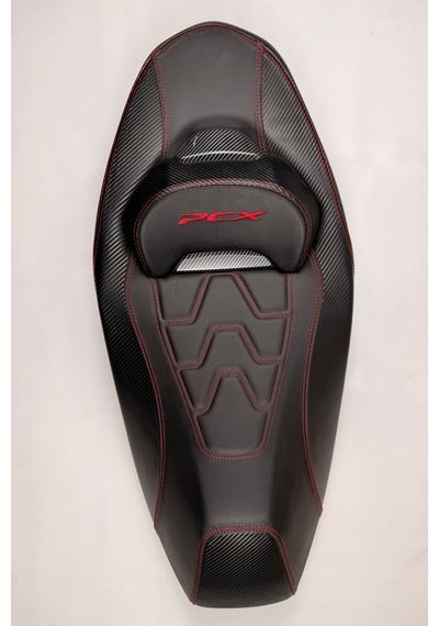 Pcx Motosiklet Bel Destekli Koltuk - Kırmızı Dikiş Ve Karbon Detaylı 2021-2025 Uyumlu