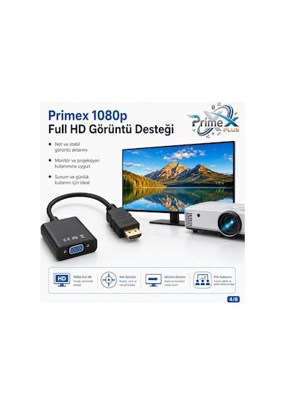 Px-1240s Hdmı To Vga Çevirici Adaptör, 30 Cm Dijital Görüntü Dönüştürücü, Hdmı Erkek Vga Dişi, Full Hd Destekli Siyah Kablo Aparatı, Pc Laptop Projeksiyon Monitör Uyumlu