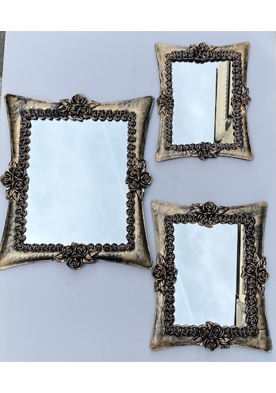 Dekoratif Polyester Üçlü Kare Ayna Takımı Gold Siyah Eskitme