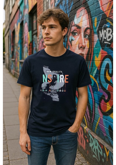 Markapia Man Erkek %100 Pamuk Bisiklet Yaka Yazı Baskılı T-shirt Lacivert Xl