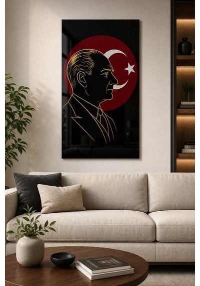 Atatürk Ve Türk Bayrağı Baskılı Cam Tablo Uv Baskı Milli Duvar Dekoru