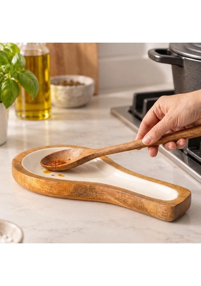 Mango Ağacı Yatay Kaşıklık 25 X 12 Cm, Parlak Krem İç Yüzeyli Ahşap Kaşık Altlığı, Kepçe, Spatula Ve Servis Gereçleri İçin Mutfak Tezgâhı Düzenleyici