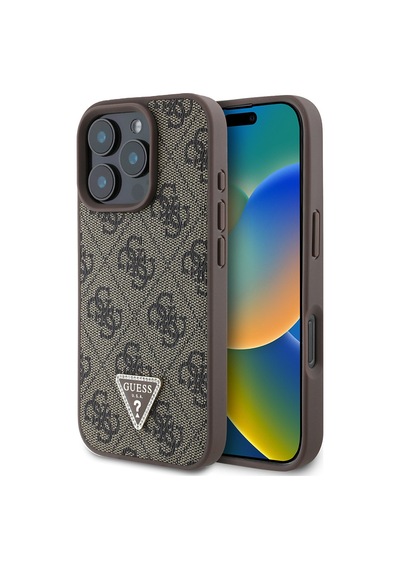 Apple Uyumlu iPhone 16 Pro Max Kılıf Guess Lisanslı Pu Deri Taşlı Üçgen Logo 4g Desenli Strass Kapak Kahverengi