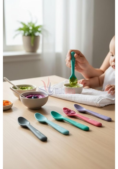 2'li Silikon Mama Kaşığı 15 Cm, Koyu Pembe Çok Renkli