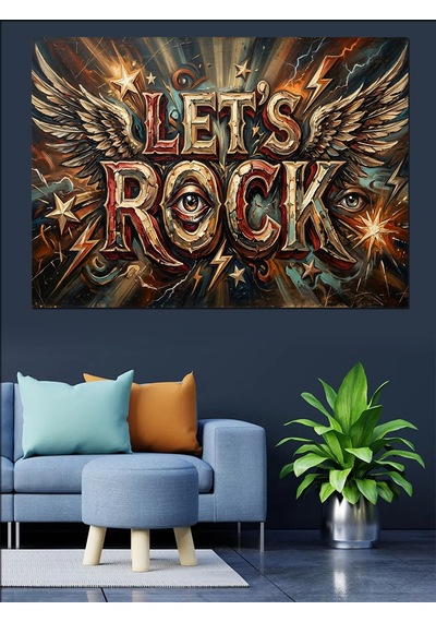 Kanatlı Let's Rock Müzik Yazısı Dekoratif Kanvas - Mdf Ahşap Tablo