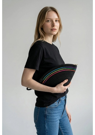 Efw Rome Handmade Hasır Renkli Şerit Detaylı Clutch Siyah Çanta