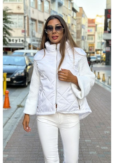 Keyifli Moda Kadın Beyaz Dik Yaka Kolları Triko Cepleri Fermuarlı Şişme Mont - 36 Beyaz