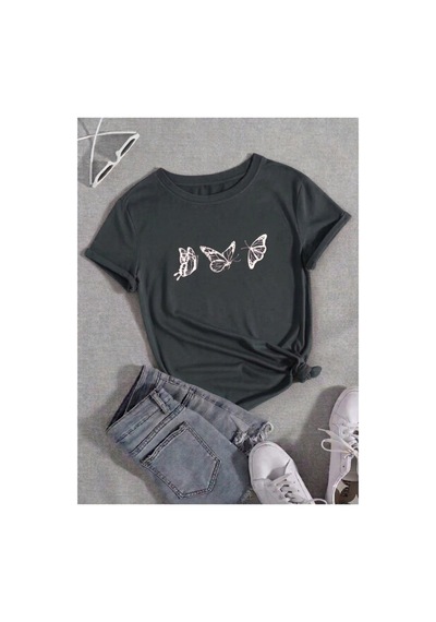Uçuşan Kelebekler Temalı Premium Baskılı Kadın T-shirt Gri
