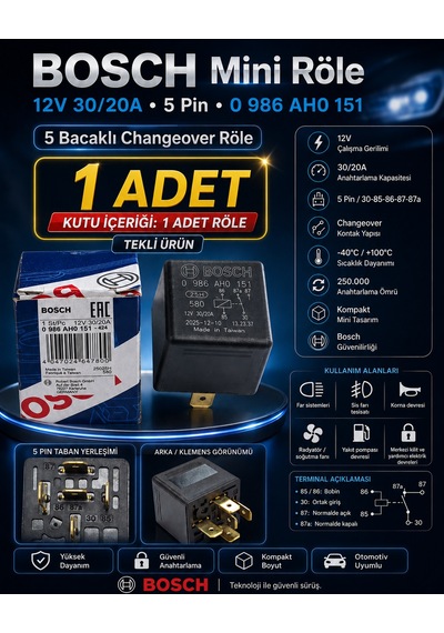 Bosch 12v 5 Pin Mini Röle 30/20a 1 Adet Değiştirici Far Sis Korna Fan Rölesi 0 986 Ah0 151