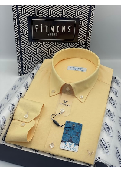 Slim Fit Uzun Kol Pamuklu Hediye Kutulu Kolay Ütülenebilir Erkek Gömlek Fs-002225 - Sarı-2808