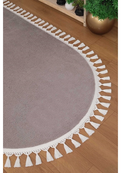 Vl Oval Comfort Ponpon Saçaklı Peluş Post Yolluk Kahverengi Oval Kahverengi Ponpon Saçak