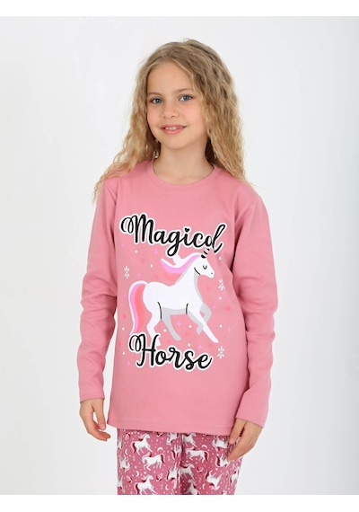 Kız Çocuk Uzun Kollu %100 Pamuklu Pijama Takımı Magical Horse Gül Kurusu