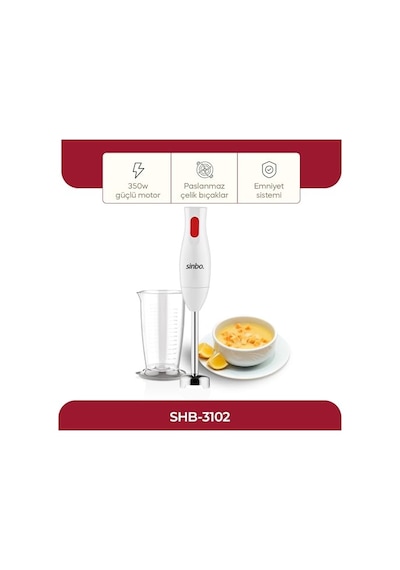 Sinbo Shb-3102 El Blenderi Çubuk Blender, Paslanmaz Çelik Uç, Ölçü Kabı Dahil, Çorba Sos Püre Smoothie Hazırlama, Ergonomik Tutuş, Beyaz