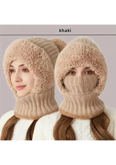 Bosphorusboutique Vkemall Bisiklet Maskesi Kadın Örgü Bere Şapka Polar Astarlı Kışlık Atkı Maske Seti Kar Şapkaları Peluş K Haki Tv Haki