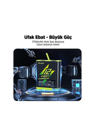Gopro Şarj Edilebilir Yedek Batarya Fast Charging 1750mah Hero12 , Hero11 ,hero10,hero9 Black