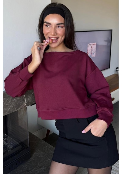 Bordo Kayık Yaka Kadın Sweatshirt Mg2208