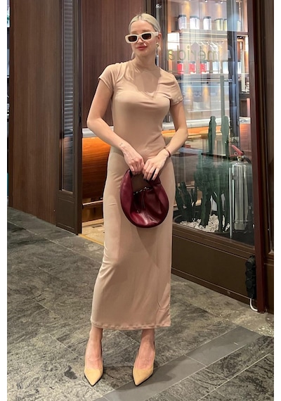 Madmext Bej Basic Yarım Balıkçı Uzun Elbise Mg1856-bej Bej