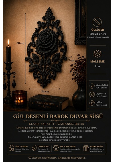 Gül Figürlü Dekoratif Duvar Süsü Barok Duvar Dekoru Siyah Mistik Tasarım 30x24x7 Cm