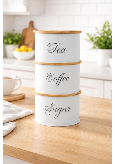 Kahve Çay Şeker Saklama Kabı 3'lü Set Kapaklı Mutfak Organizer Saklama Kutusu Beyaz