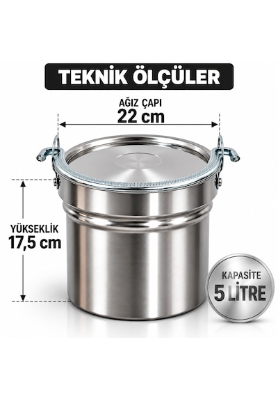 5 Litre Paslanmaz Krom Çelik Yoğurt Mayalama Ve Süt Kabı Satır/bakraç Demir Kulp Metalik