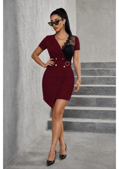 Butik İstanbul Kadın Kısa Kollu Kruvaze Yakalı Onu Düğmeli Belinde Toka Detaylı Kısa Ithal Krep Elbise Bordo