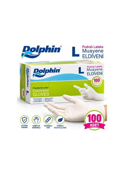 Tr Dolphin Pudralı Latex Muayene Eldiveni L Beden Tek Kullanımlık Diğer