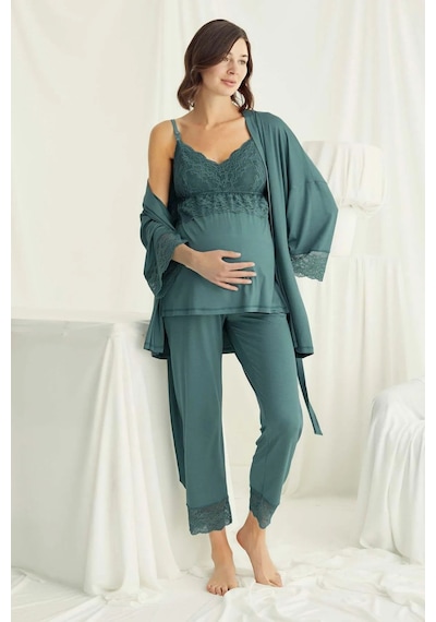 Monamise 18523 Hamile Lohusa Sabahlıklı Pijama Takım-yeşil
