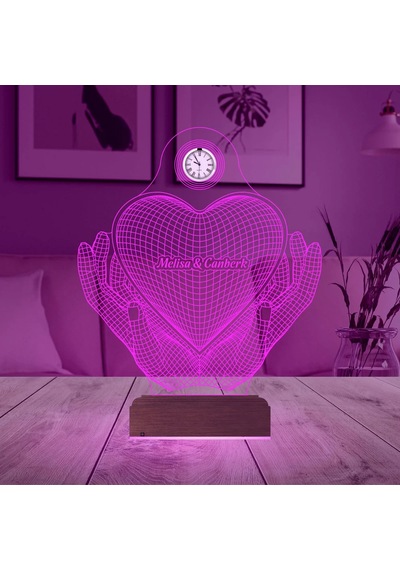 Luvivia Sevgiliye Hediye Kalp El Tasarımlı Kişiye Özel Metal Saatli 3d Lamba - Masa Gece Lambası