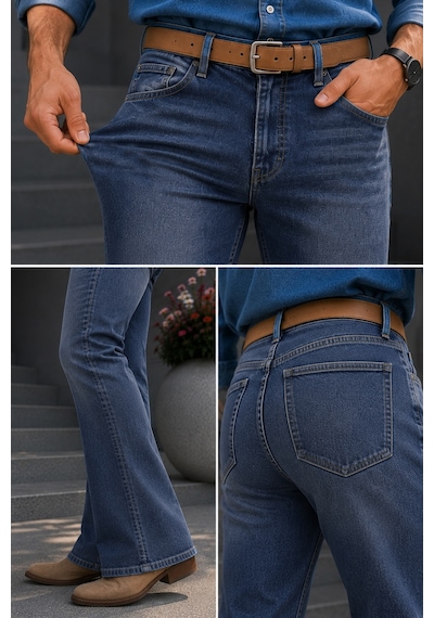 Cedy Denim Cedy Denım Premium Seri: Erkek Retro Flare Bootcut Jean - Geniş Paça Taşlanmış Denim Pantolon C370 Açık Mavi