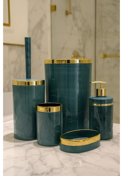 Makri Home Banyo Seti 5'li,akrilik-çöpkovası,wc Fırçalık,sıvı Sabunluk,diş Fırçalık,el Sabunluk,gold Renk Detay Yeşil