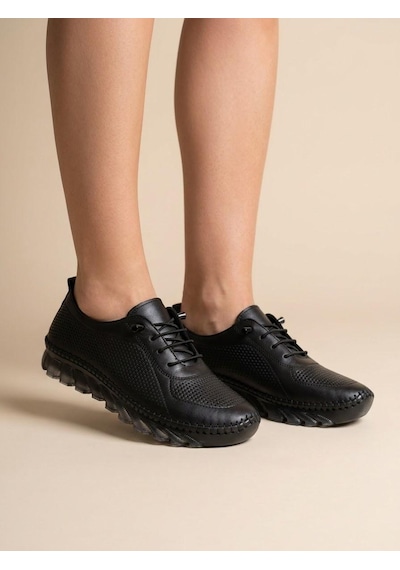 Beren Hakiki Deri Siyah Kadın Ayakkabı Lazer Delikli Ortopedik Taban Casual Günlük Yürüyüş Ayakkabısı Sneakers