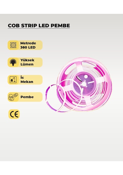12v Cob Şerit Led Pembe Işık - Metrede 360 Led - 5 Metre 5 METRE