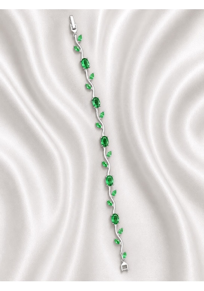 Yeşil Kristal Taşlı Sarmaşık Yaprak Model 19 Cm Çelik Kadın Bileklik Gümüş - Yeşil