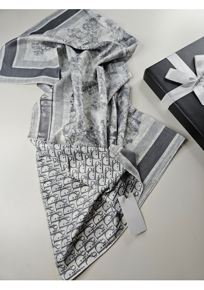 Miorel Scarfs Safari Tema Çift Taraflı Vual İpek Eşarp Silk Scarf Hijab Aksesuar Fular Cd Desen Gri