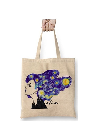 Toyaso Alive Vincent Van Gogh Bez Çanta Uzun Saplı Alışveriş Çantası Plaj Çantası Beyaz