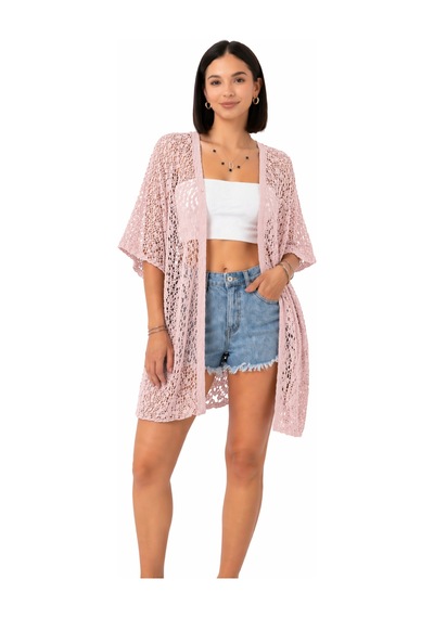 Trend Alisse Kadın Dantel Görünümlü File Kimono Pareo Hırka Toz Pembe