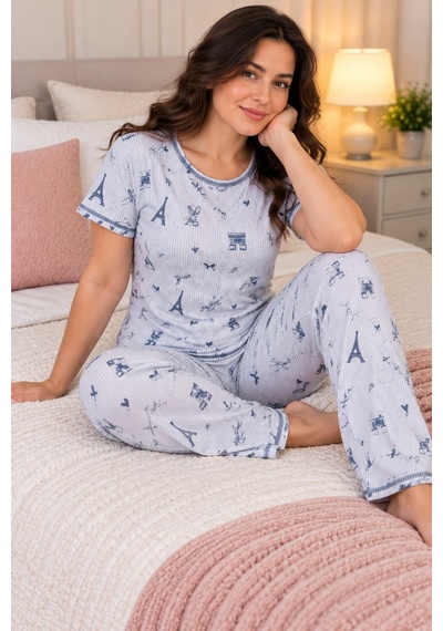 Üç Gül Ticaret Kadın Paris Desenli Çizgili Kısa Kollu Pijama Takımı Mavi Detaylı Gri Gri