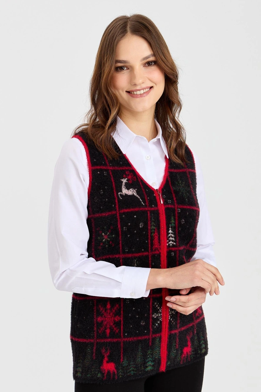 Desen Triko Kadın V Yaka Patchwork Yılbaşı Desenli Yelek Siyah Siyah