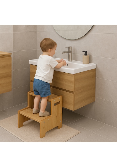 Momo Ahşap Basamak Tabure Çocuk Banyo Wc Lavabo Merdiven Yükseltici Eğitici Kaymaz Montessori Safir Meşe