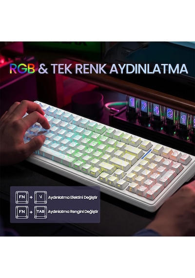 Aula F99 Mekanik Rgb Star Vector Switch 3 Modlu Kablosuz Makrolu Hot Swap Klavye Desenli Beyaz