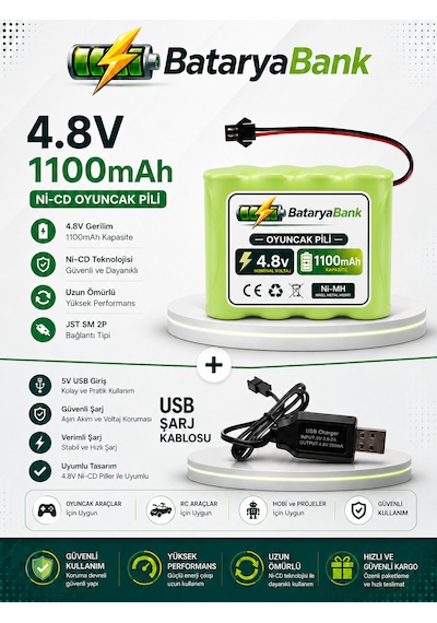 4.8v 1100mah Oyuncak Araba Pili Siyah Soket + Usb 4.8v Şarj Cihazı 250mah Seti