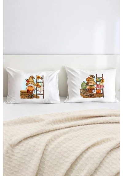 Sonbahar Gnomes Pumpkin Fall Pamuklu Çift Kişilik 50x70 cm Yastık Kılıfı Seti