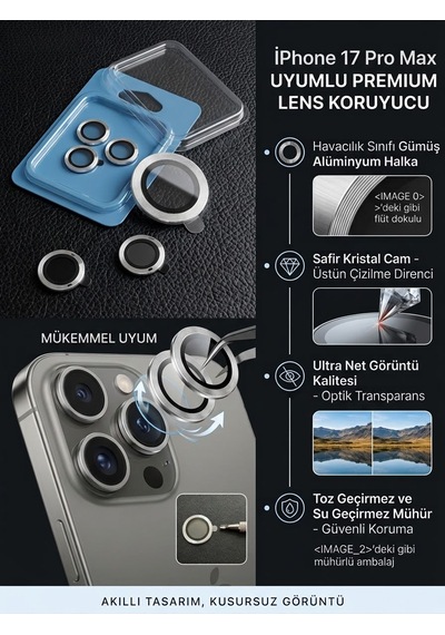 Apple iPhone 17 Pro Max Uyumlu Kamera Koruyucu Lens Gümüş