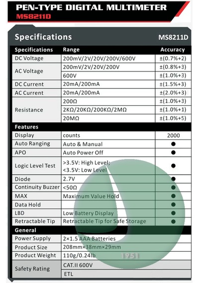 Mastech Ms8211d Kalem Tipi Dijital Multimetre