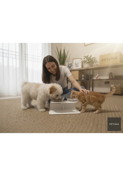 İki Hazneli Kedi Kafalı Beyaz Standlı Kedi Mama Ve Su Kabı 350 Ml