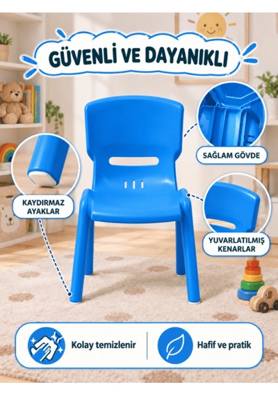 Beylini Çocuk Sandalyesi Anaokulu Kreş Kurs Mini Tabure Dayanıklı Rahat Plastik Mavi