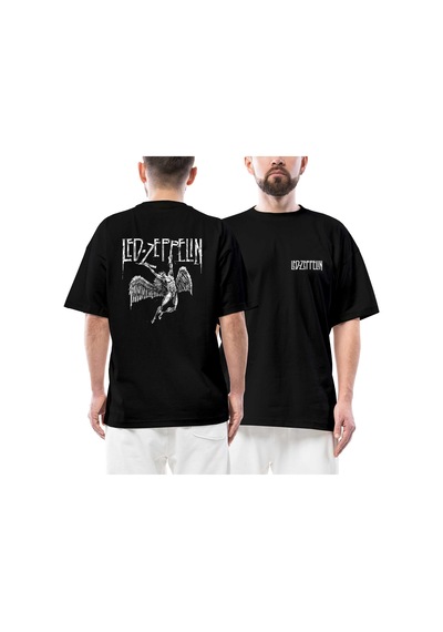 Led Zeppelin Failing Angel Logo Text Ön Arka Baskılı Siyah Oversize Tişört