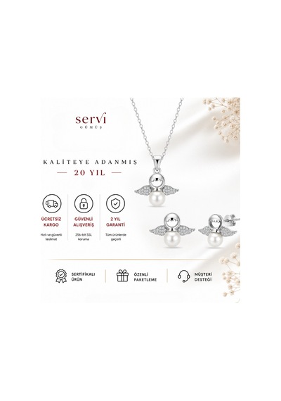 Servi 925 Ayar Gümüş Perla Melek Kanadı İnci Kolye Ve Küpe Seti-290