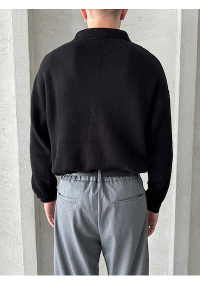 Erkek Polo Yaka Örme Oversize Kazak Siyah