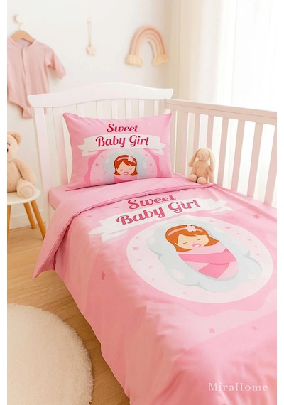 Yenidoğan Kız Bebek Nevresim Takımı %100 Pamuklu Sweet Baby Girl Çok Renkli